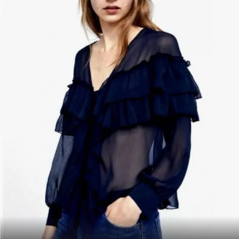 Zara navy blue sheer blouse with frills and ruffles - Picture 5 of 8